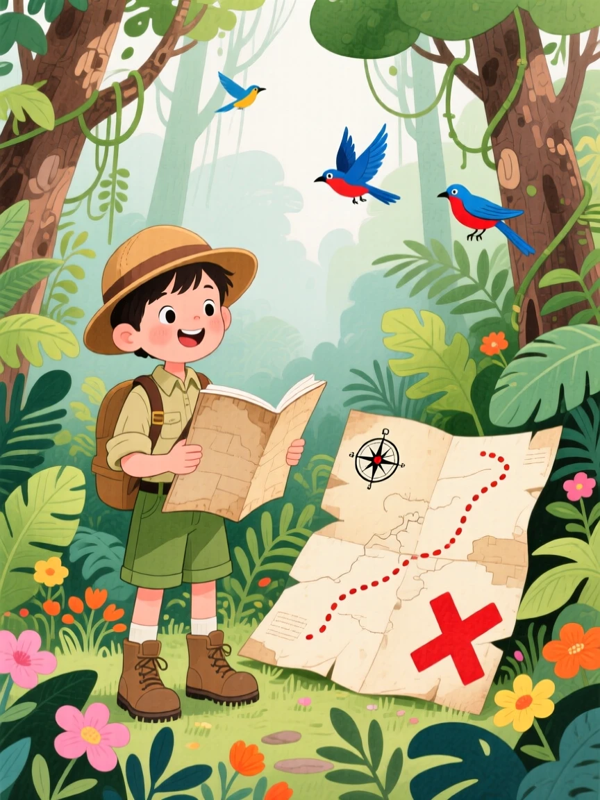 A young explorer following an old map through a jungle, full of mystery and excitement.