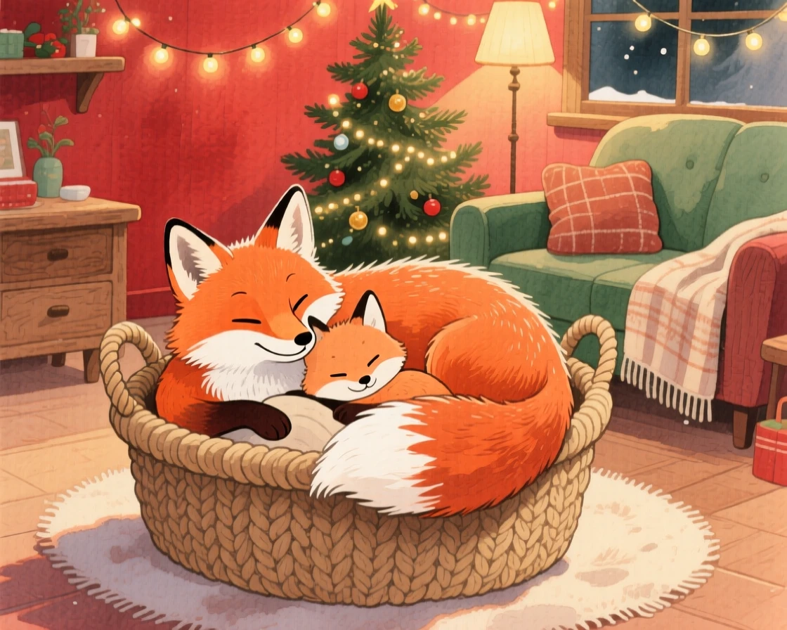 A family of foxes curling up inside a knitted basket, set in a snug living room decorated for the holidays, brimming with cozy comfort.