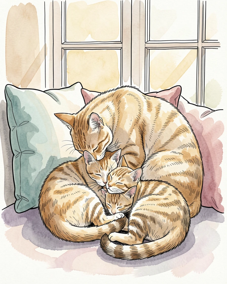 A mother cat grooming her kittens in a sunlit window nook lined with soft cushions