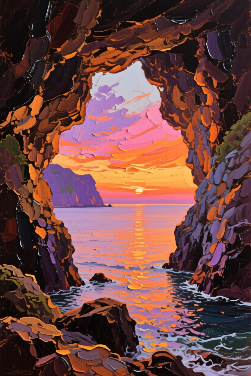 a sea cave opening toward the horizon, at sunset, with a balanced, spacious view of the surroundings.