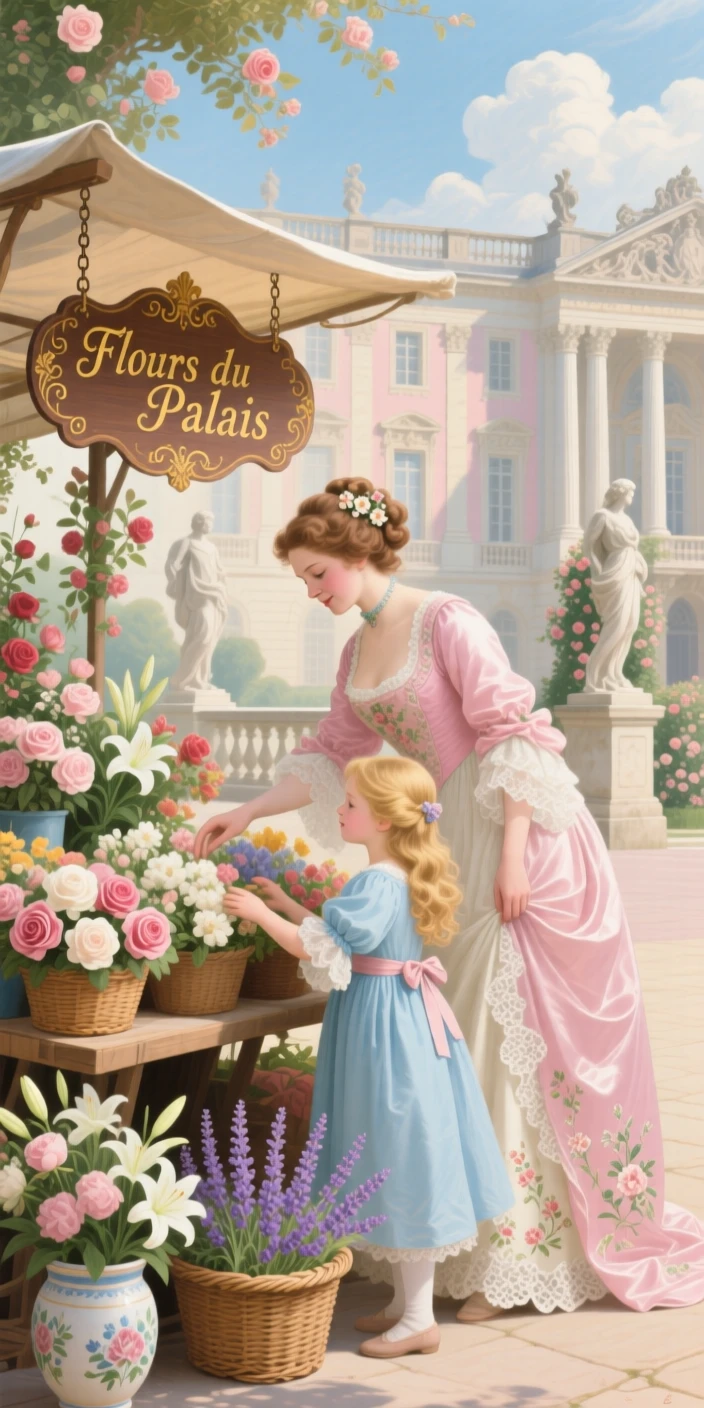 A mother and daughter choosing flowers from a market stall in a palace square  