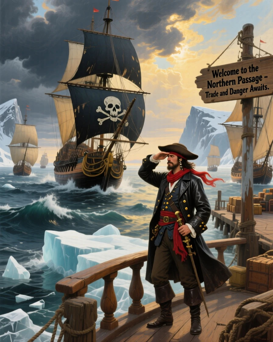 A pirate ship cuts through icy waters at a busy trade route while the captain studies the horizon.