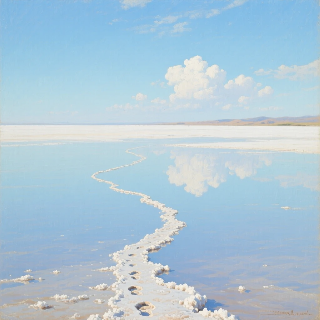 A mirror-like salt flat reflecting a perfect endless sky, with a single winding trail leading toward the horizon, capturing the raw power and quiet majesty of untouched nature