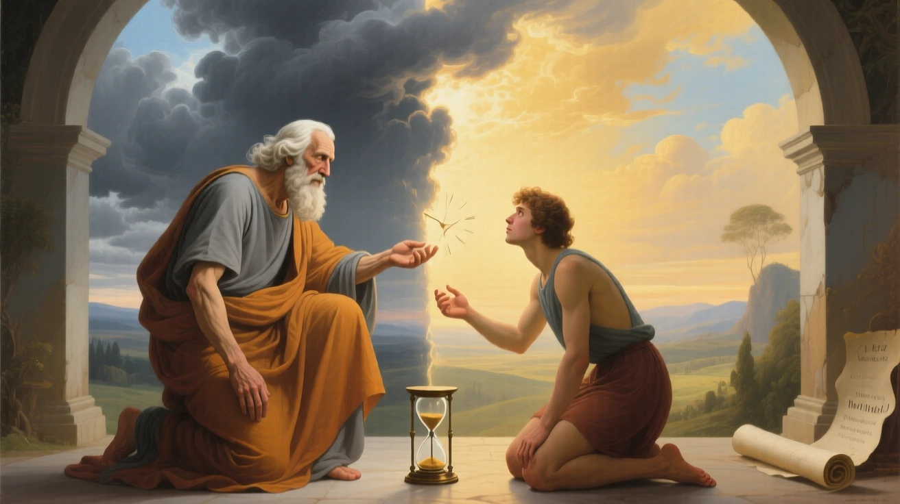 Father Time revealing a hidden truth to a kneeling mortal at the threshold between the mortal and the eternal, set beneath a sky divided between storm and radiant light, with contrasting elements of darkness and radiance framing the scene; contrasting light and shadow divide the canvas into meaningful halves, evoking profound meditation on fate, virtue, and the human condition.