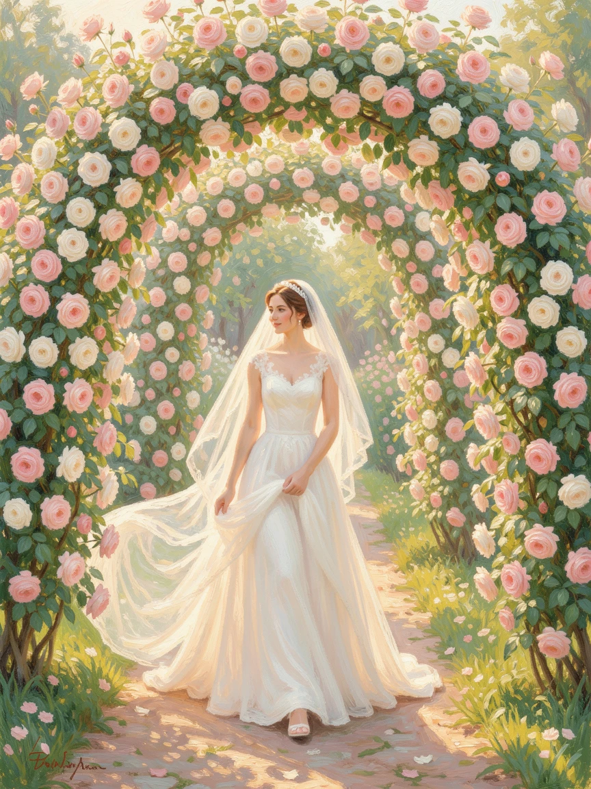 A bride walking through a garden archway covered in climbing roses, veil trailing softly behind her.