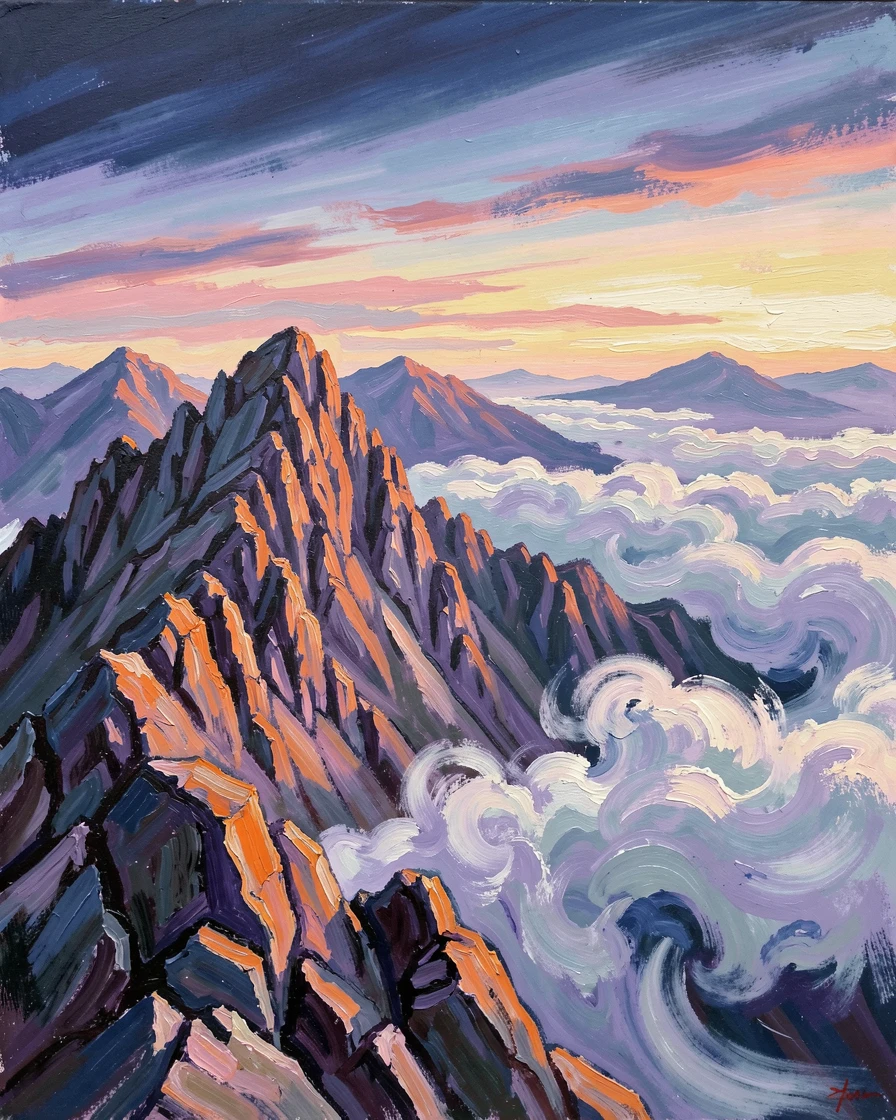 A rocky mountain summit at dawn, clouds pooling in the valleys far below.