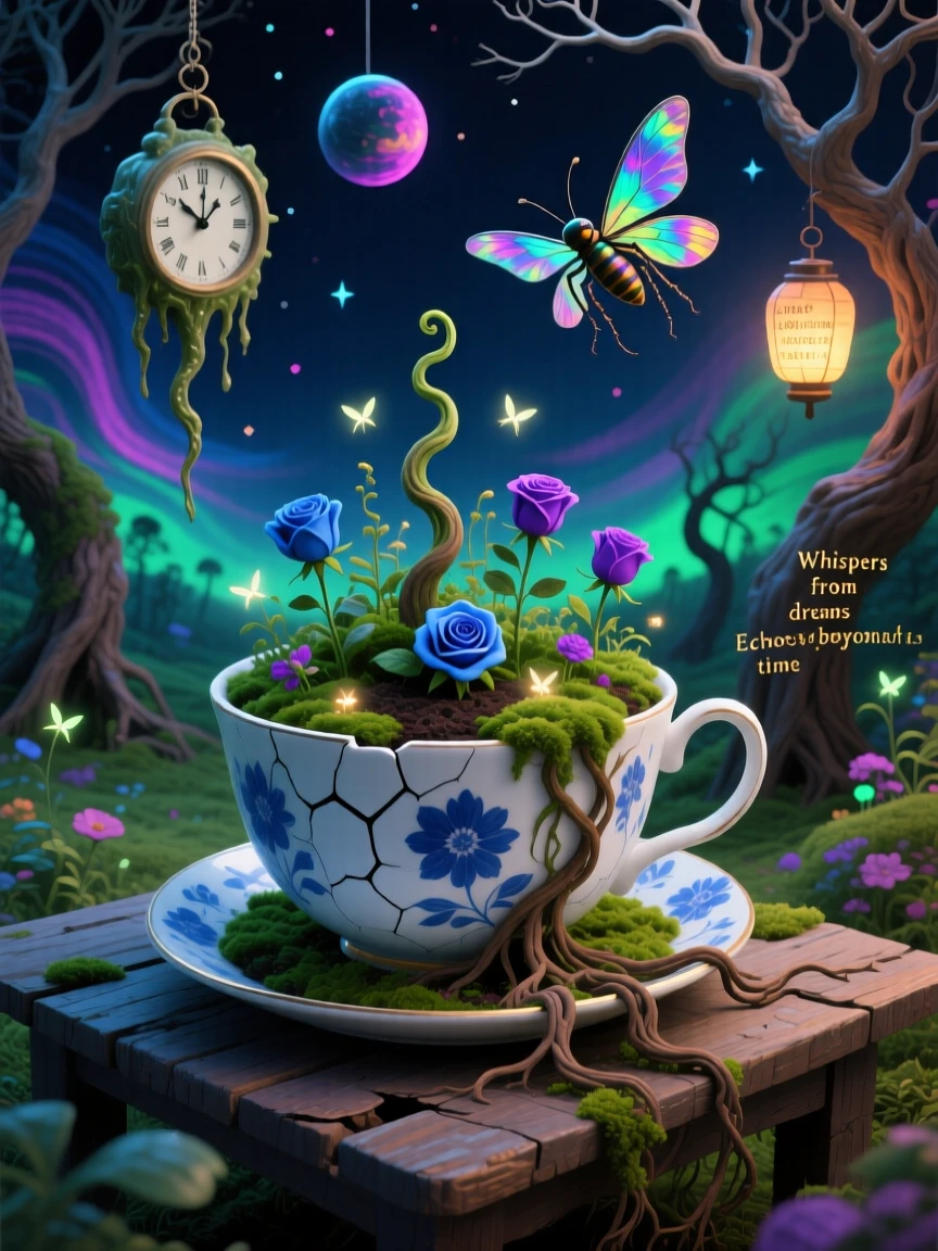 A quiet garden growing inside a forgotten teacup continues on peacefully, unaware of the giant world beyond it, as tiny lights flicker like distant, faraway stars.