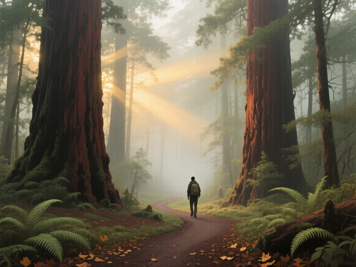 A dense fog rolls through a redwood grove at dawn, sunlight breaking weakly through the canopy in scattered beams, a hiker's silhouette barely visible on the winding trail ahead, everything rendered with quiet clarity under the steady, natural light of the hour.