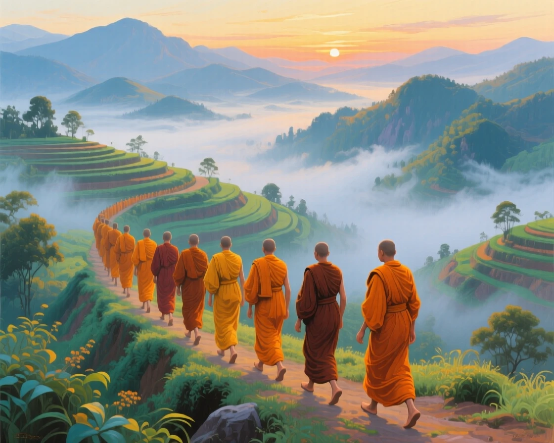 A group of monks in saffron robes walking single file through misty mountain terraces at dawn