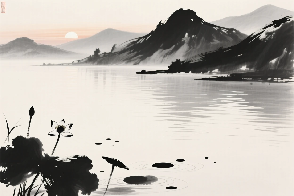 a still mountain lake at dawn, with lotus blossoms scattered across the water.