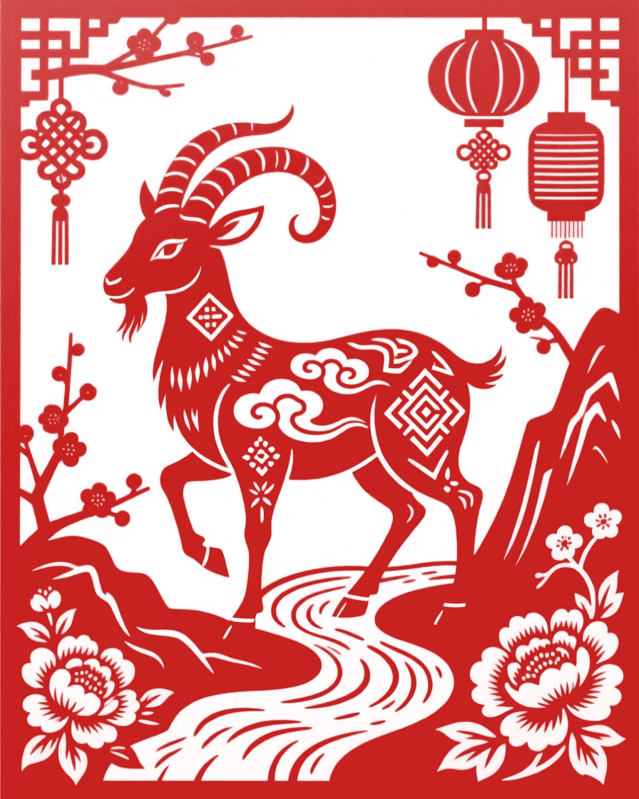 A mountain goat, playing beside a mountain stream, symbolizing peace and good fortune.