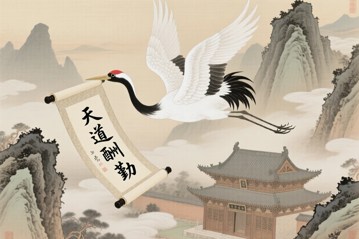 A celestial crane carrying a scroll in its beak over an ancient mountain temple
