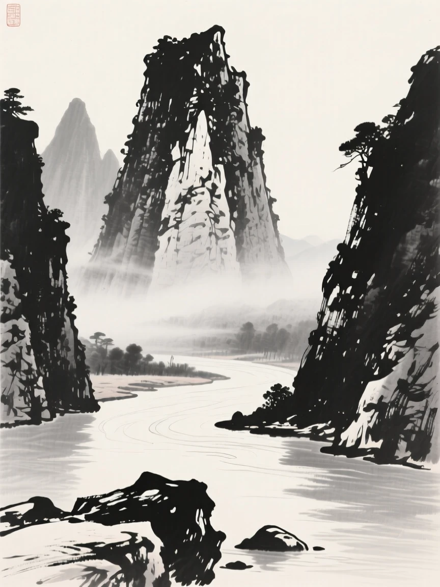 A jagged limestone karst formation rising from a river bend as thin mist rolls slowly through the lower valley, framed low, with the foreground rocks leading the eye toward the distance, suggesting the quiet vastness of the natural world.
