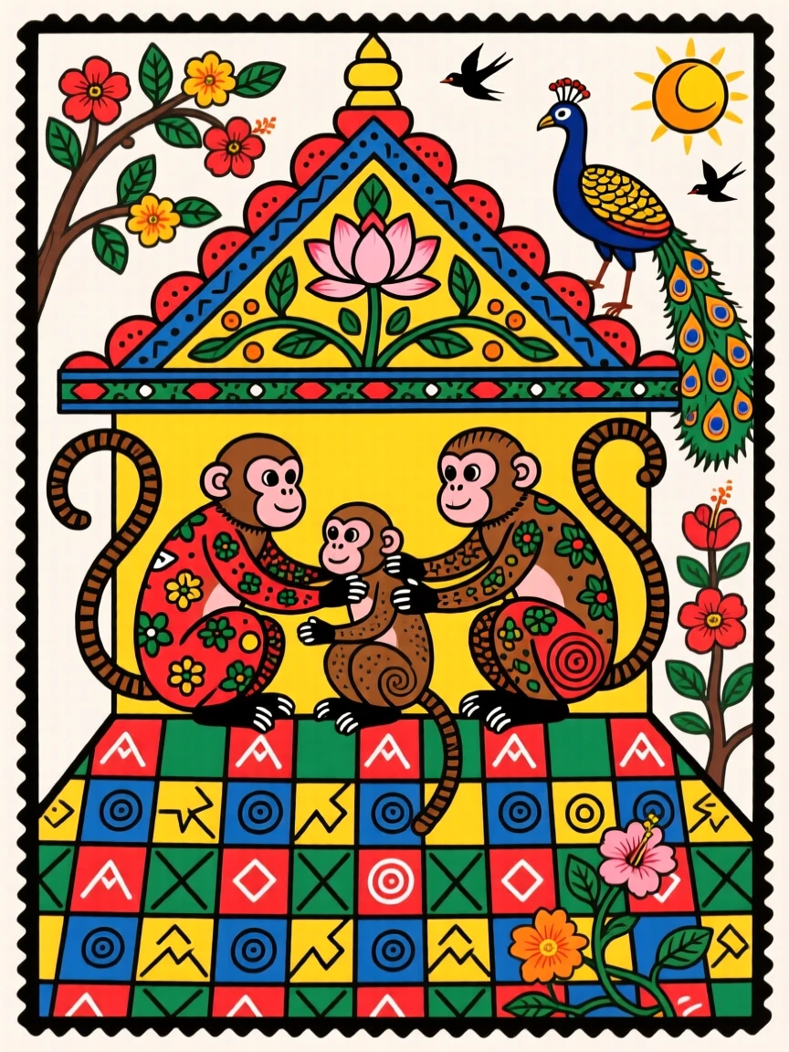 A monkey family grooming each other on a temple rooftop.
