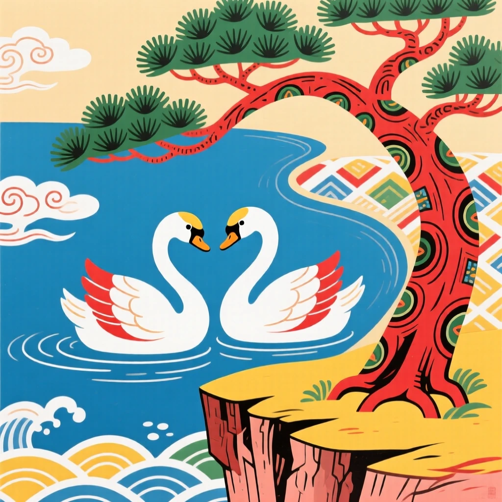 A pair of swans gliding together on a cliffside pine tree.