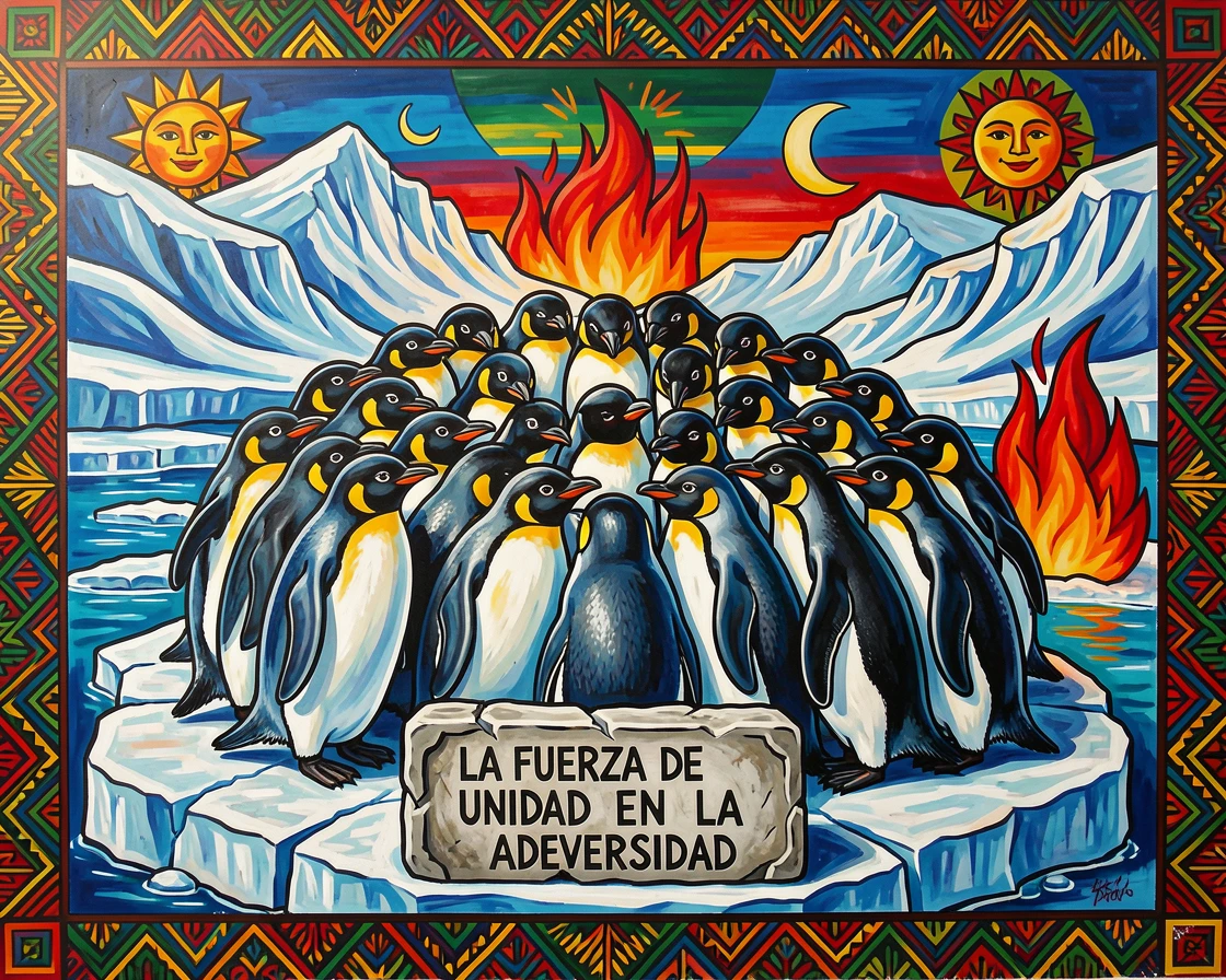 A group of penguins huddled together on Antarctic ice
