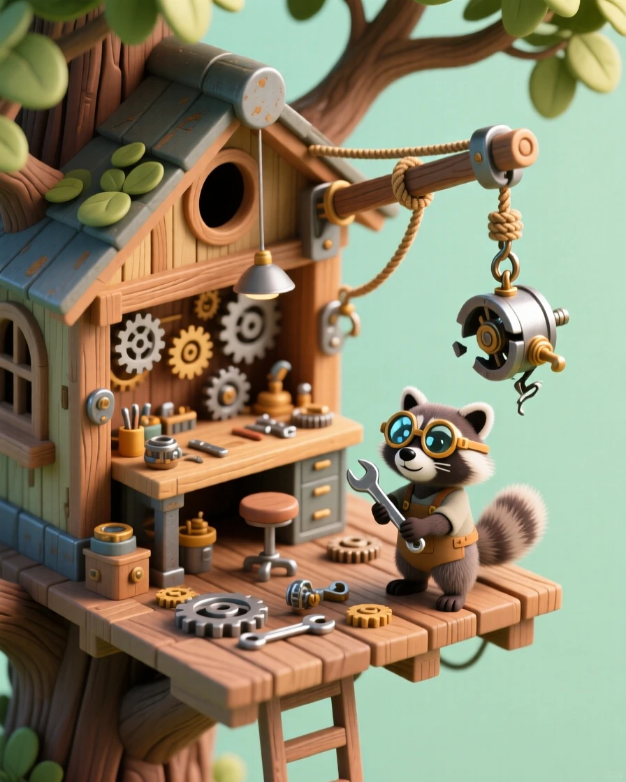 A treehouse repair shop with gears and gadgets scattered across a workbench, a rope-pulley crane lifting broken machines, and a raccoon mechanic wearing tiny goggles.