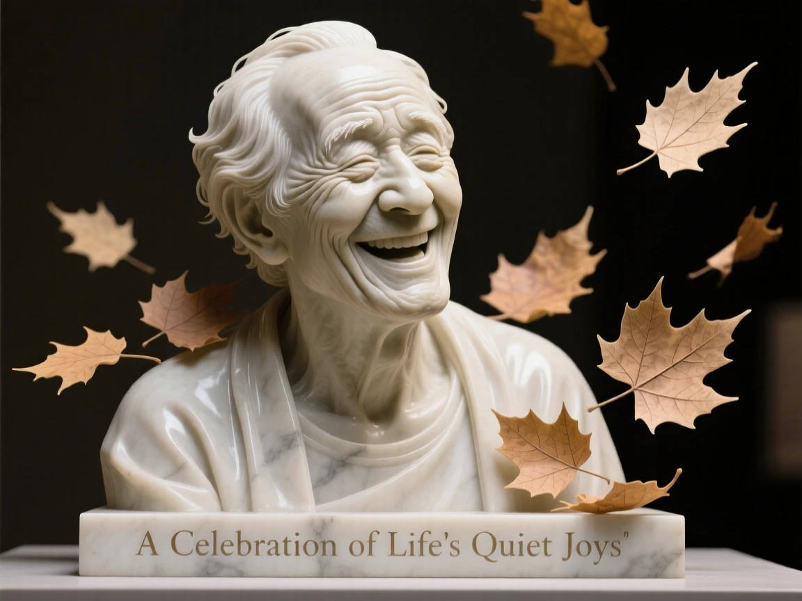 A tender portrait of an elderly man, caught mid-laugh with eyes closed, surrounded by drifting autumn leaves, evoking warmth and humanity