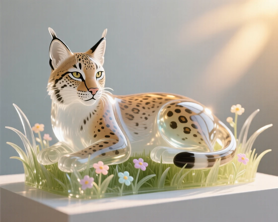 A lynx resting peacefully in a sunlit meadow scattered with wildflowers, a gentle breeze bending the grass, evoking warmth and tranquility.