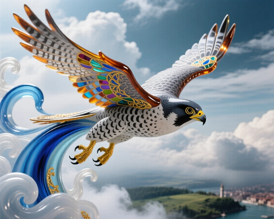 A peregrine falcon diving steeply through clouds toward the earth, thrilling and intense.