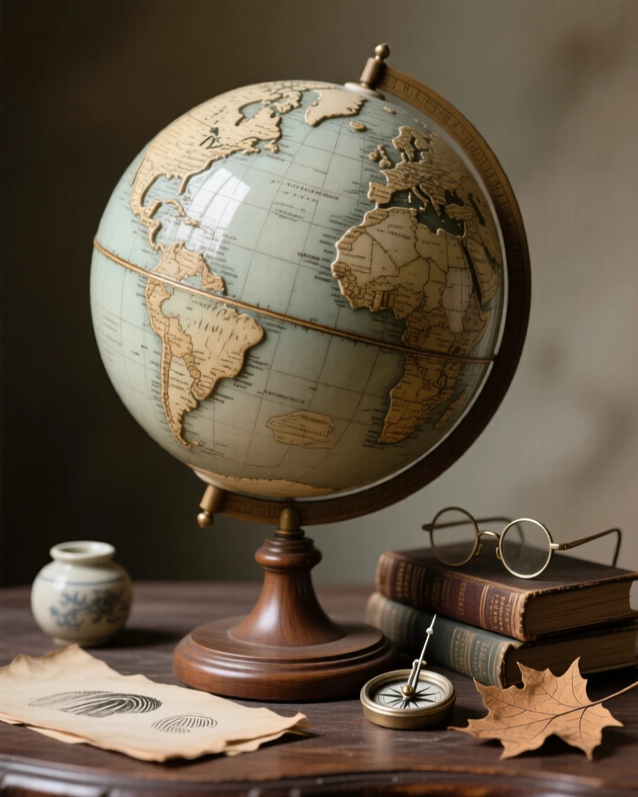 An antique globe spinning slowly on its stand arranged as a still, contemplative scene, framed by a scattering of small complementary props, capturing beauty in the overlooked and ordinary.