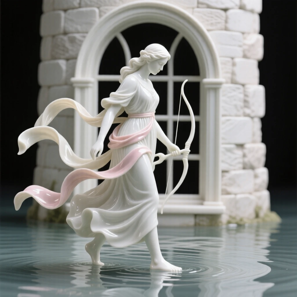 A huntress walking barefoot through shallow water, wearing layered silk ribbons, her gaze lowered in quiet grace, set against the arched window of a stone tower.
