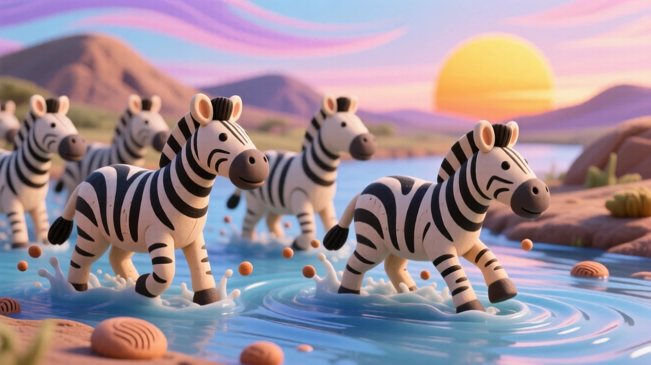 A zebra herd crossing a river with dramatic splashes at sunrise