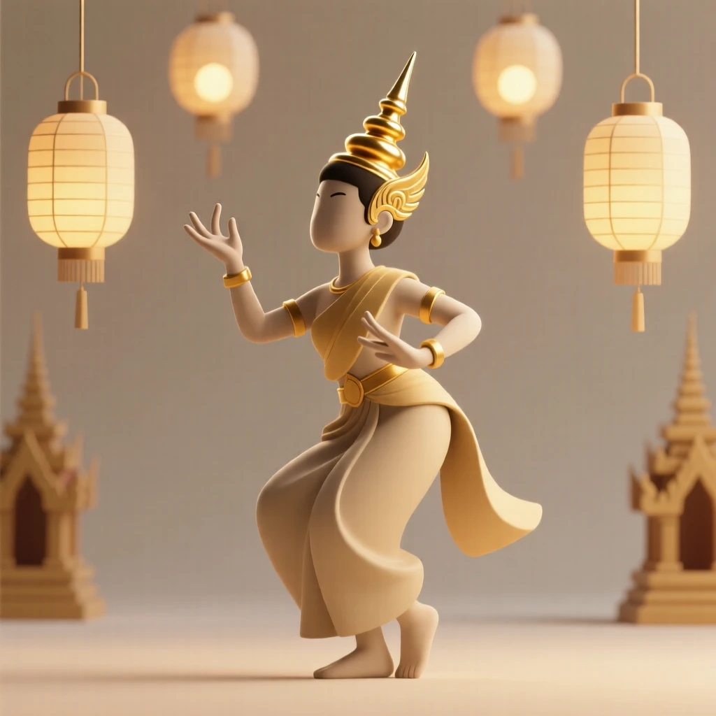 A traditional Thai dancer bends her fingers gracefully backward, golden headdress glinting as she performs beneath temple lanterns.