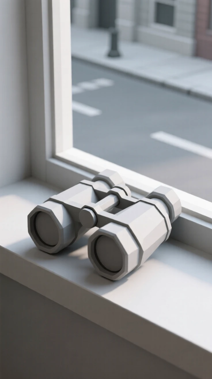 A pair of vintage binoculars on a windowsill, on a windowsill overlooking a quiet street. muted tones give the scene a timeless quality. There is a calm, contemplative stillness.