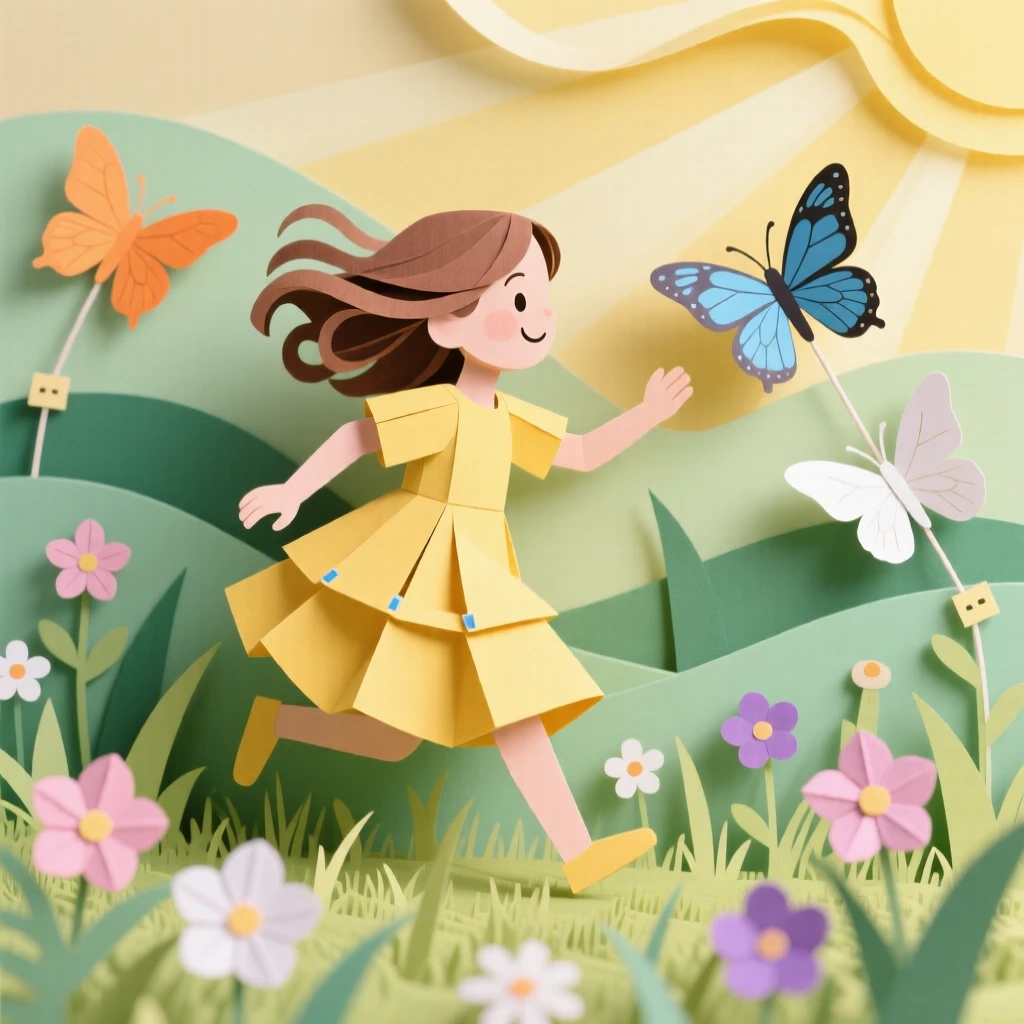 A young girl in a flowing yellow dress chasing butterflies through a sunlit meadow, her laughter almost audible, wildflowers brushing against her legs, capturing pure childhood joy.