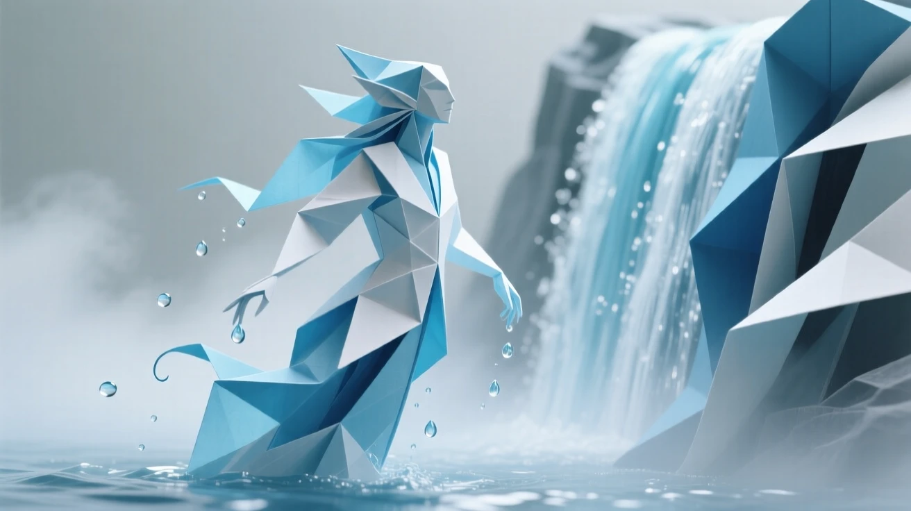 A water spirit rising gracefully from the mist of a cascading waterfall, droplets trailing from its form.