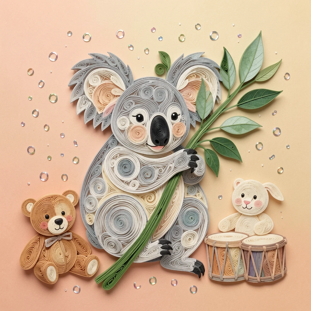 a plump koala hugging a eucalyptus branch, in a cozy nursery filled with soft toys, set against a warm gradient background, with tiny sparkling highlights catching the light.