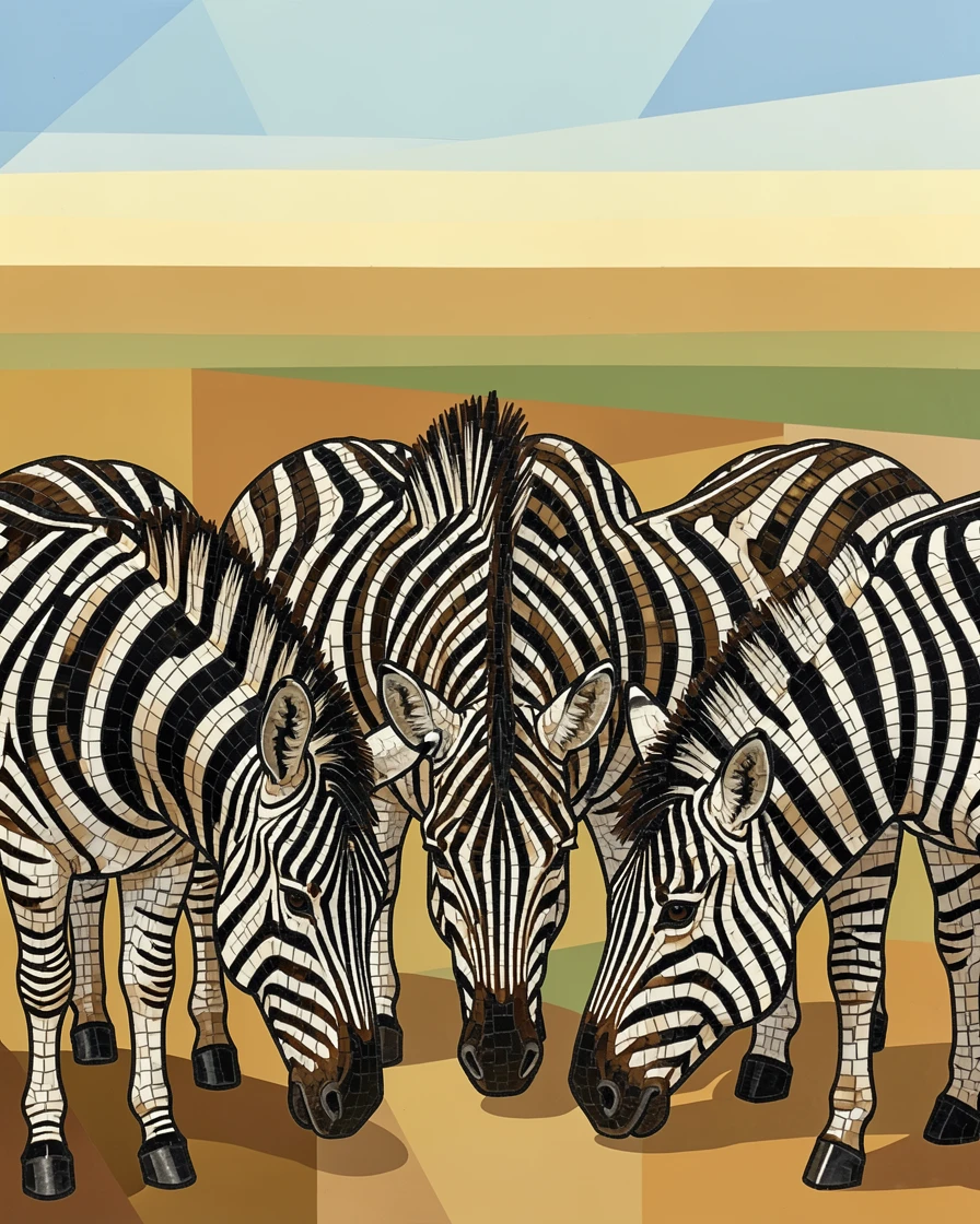 A close-up portrait of a herd of zebras grazing on the open savanna, showing rich fur or feather detail and expressive eyes.