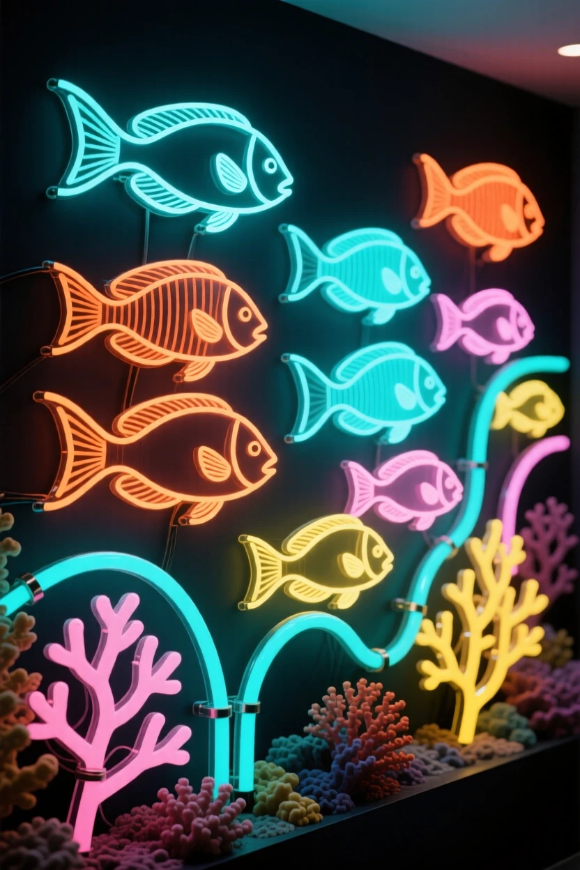 A school of parrotfish grazing along a coral reef wall.