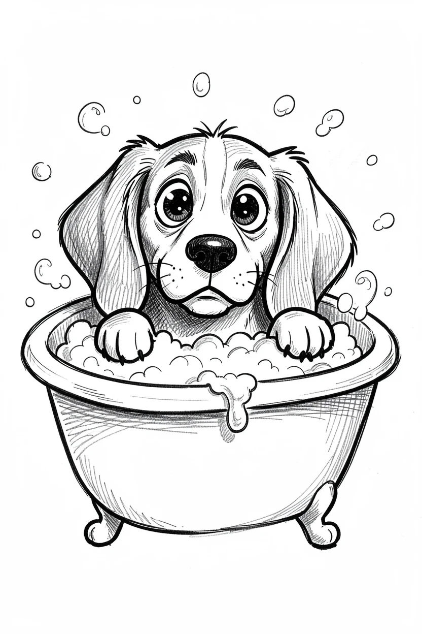 A floppy-eared beagle peeking over the edge of a bathtub full of bubbles.