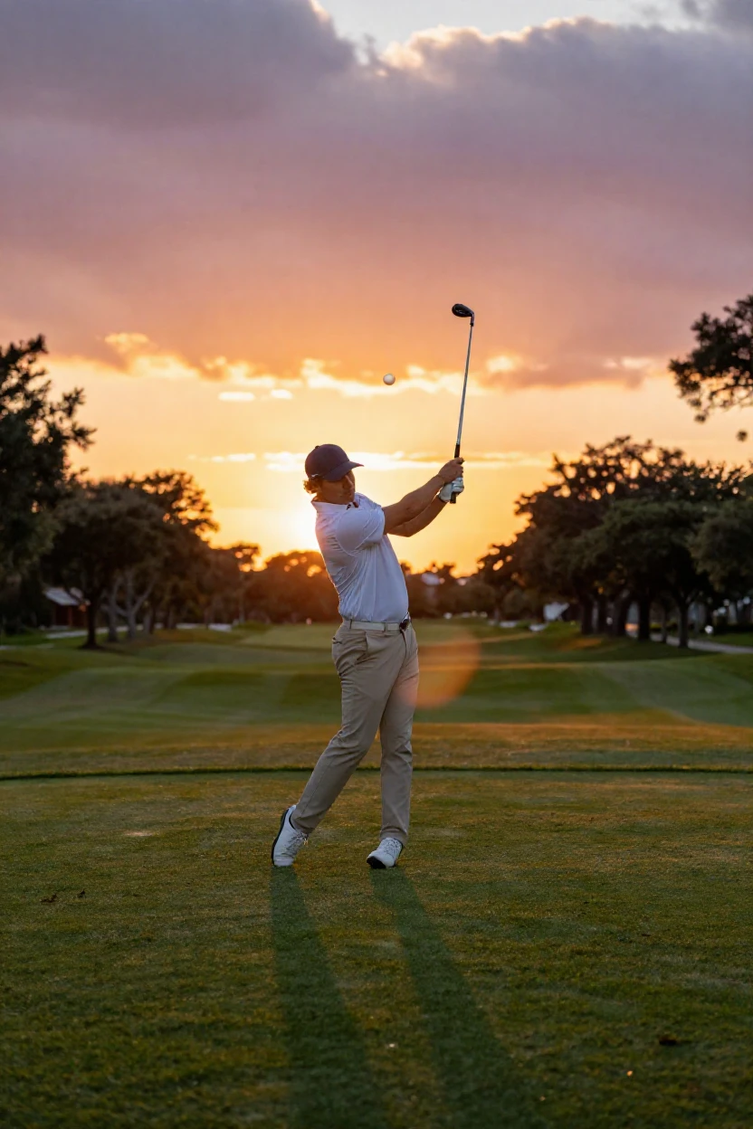 A golfer following through on a perfect drive at sunset