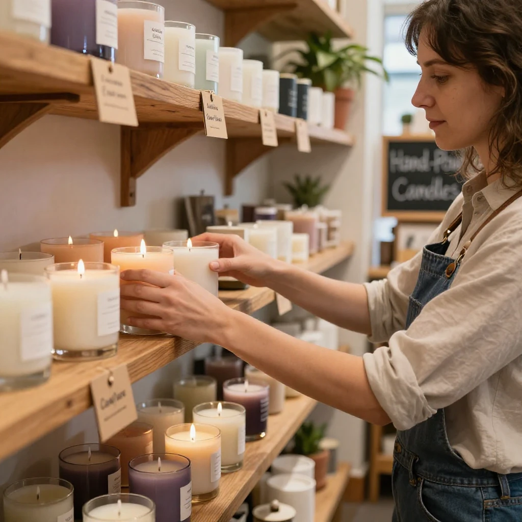 A candle shop owner arranges hand-poured candles by scent on wooden shelves.