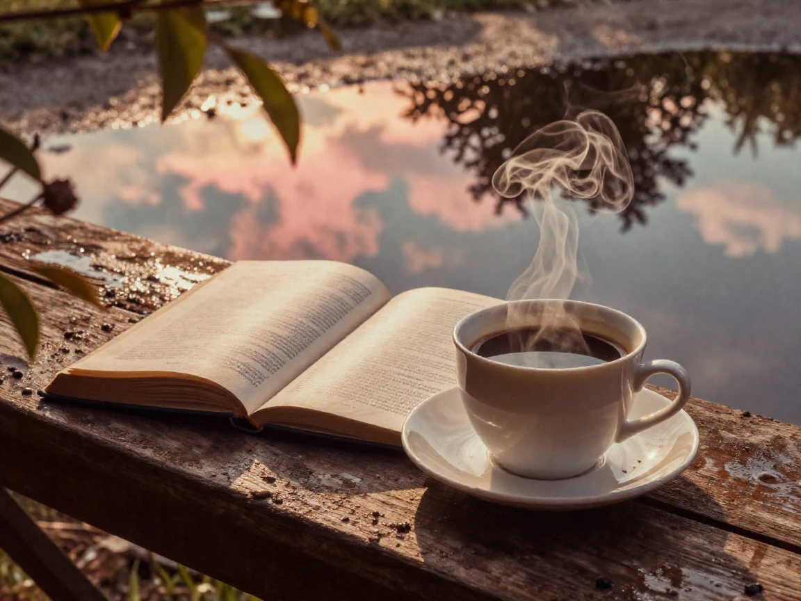 Steam rising from a cup of coffee beside an open book, under soft golden-hour light, just after a rain shower, with puddles reflecting the sky, in the height of summer, in earthy terracotta and ochre shades, peering through foliage in the foreground.