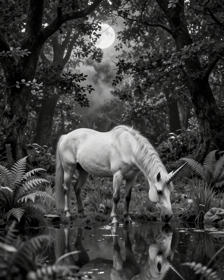 A unicorn grazes peacefully in a moonlit glade beside a quiet enchanted pond.