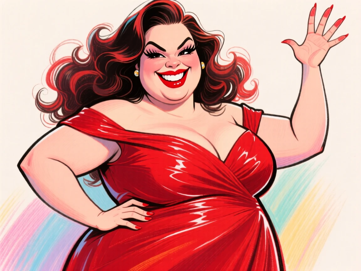 A confident plus-size model striking a fierce pose in a bold red gown.