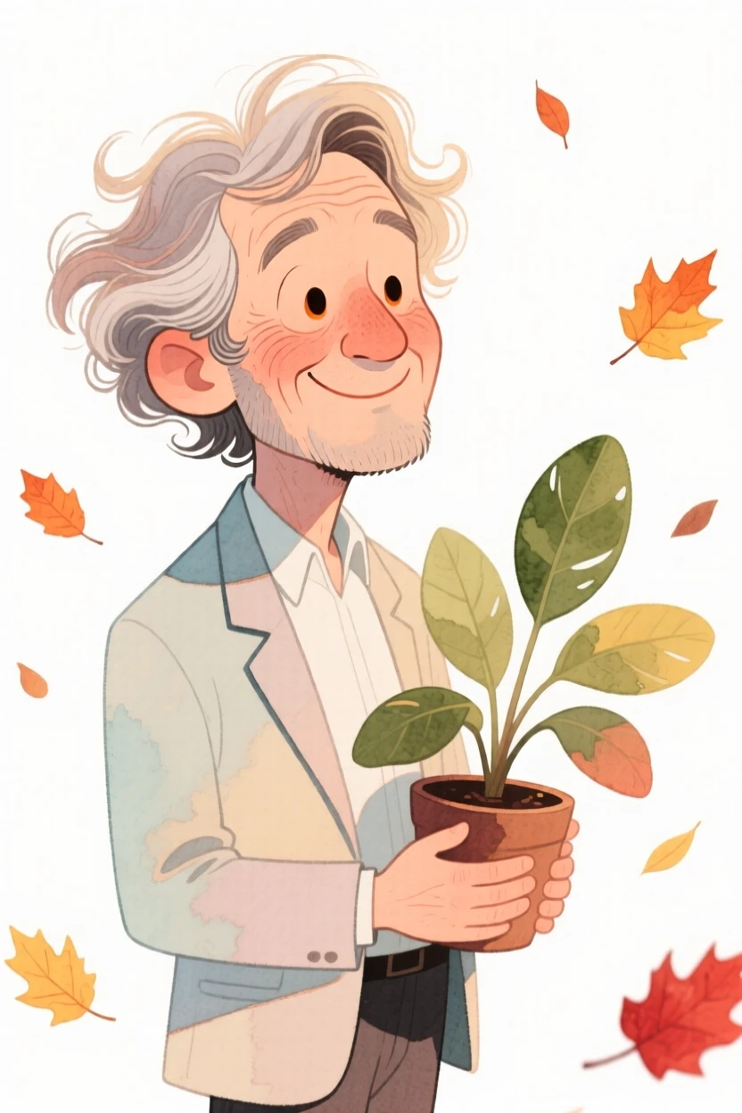 A middle-aged man with wild sun-bleached waves, looking serene and peaceful, wearing a tailored blazer and clutching a favorite houseplant, surrounded by autumn leaves
