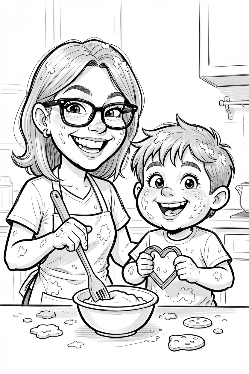 [Family & Relationship Moments] Heartwarming scene of a mother and son baking cookies together, both covered in flour, radiating love and warmth