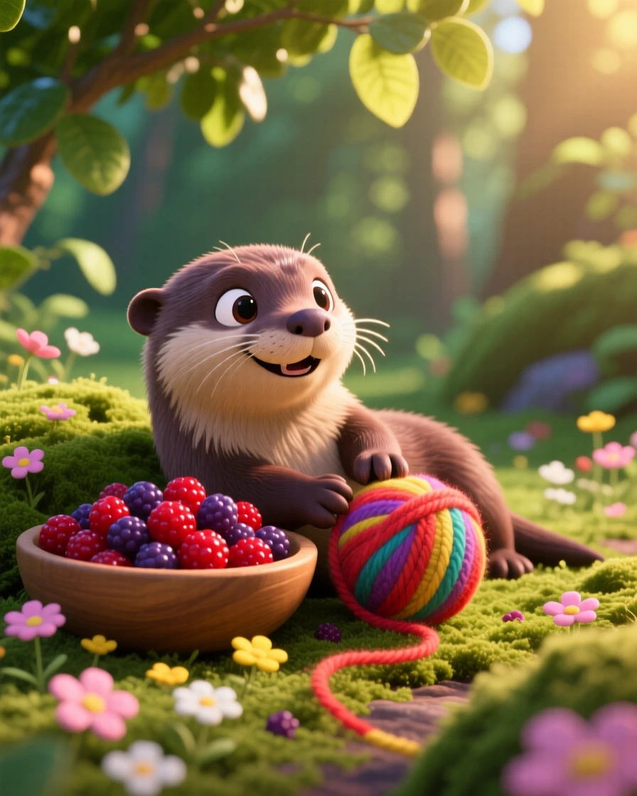 A curious otter pup is resting beside a bowl of berries, pawing gently at a ball of yarn. Playful joy radiates from the small creature, with a scattering of small flowers around it.