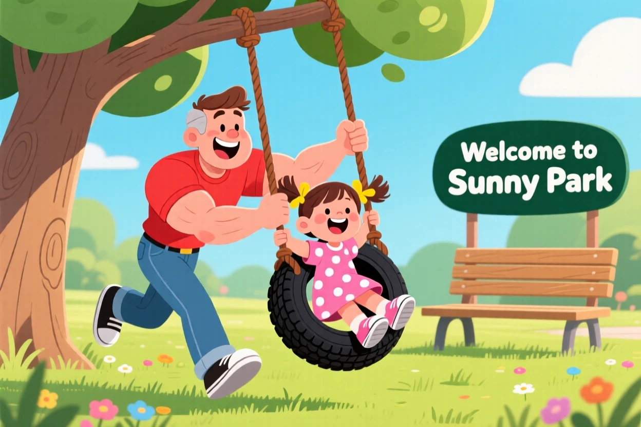 An older brother pushing his little sister on a tire swing.