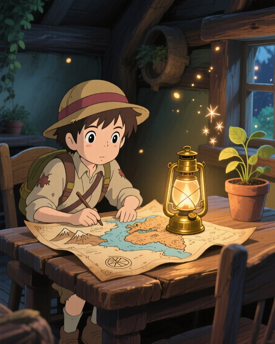 A young adventurer studying an old map by lantern light, the moment adventurous and hopeful.