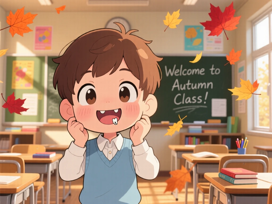 A young boy showing off a wobbly loose tooth with a big grin in a cheerful classroom with autumn leaves swirling around; soft golden-hour sunlight washes over the scene as peaceful calm fills the moment. Symmetrical front-on view.