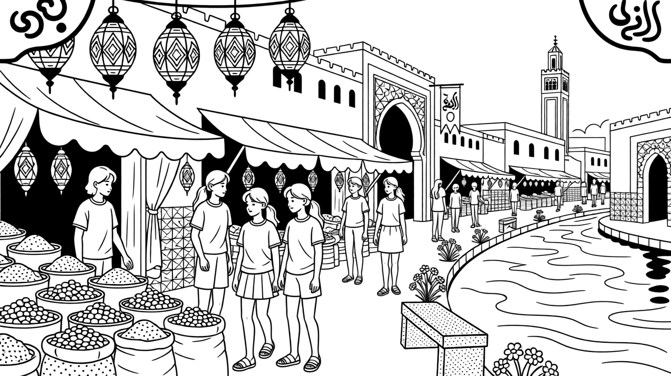 A market square in Marrakech filled with lanterns and spices, with a river reflecting the surrounding architecture.
