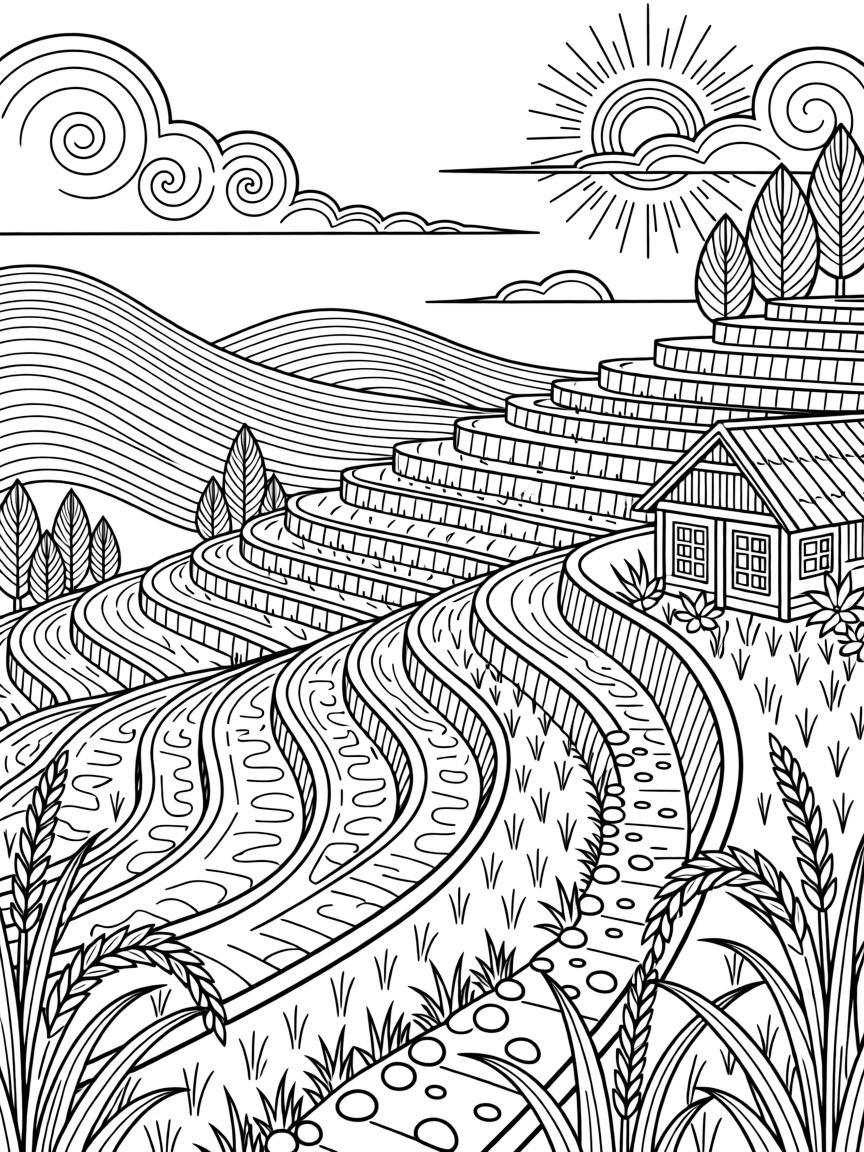 A hillside terraced with rice paddies reflecting the sky.