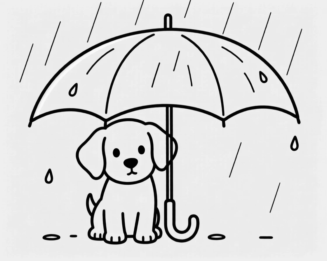 A puppy peeking out from beneath a rain-soaked umbrella