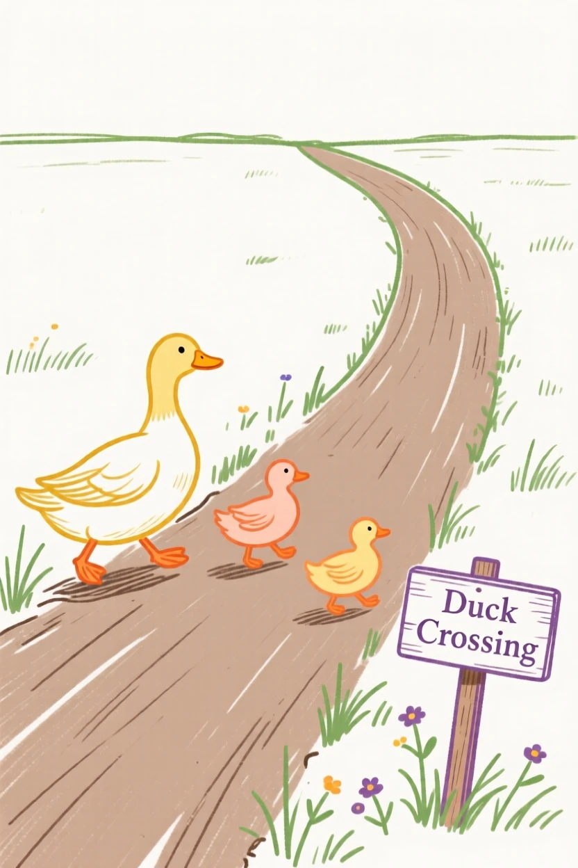 A family of ducks crossing a quiet country lane.